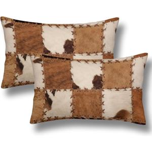 Cow Fur Lumbar Throw Pillow Covers 12x20 Set of 2 Cowhide Short Plush Pillows Case Western Farm Animal Skin Plaid Grid Cowboy Rectangle Cushion Cover Decorative Pillowcases for Couch Bed (Brwon Beige)