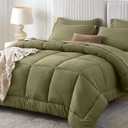 Sasttie Queen Comforter Set, 7 Pieces Bed in a Bag Queen, Complete Bedding Set Includes Comforter, Flat Sheet, Fitted Sheet, Pillowcases and Pillow Shams, Olive