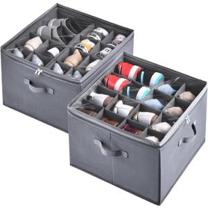 INSTY 2 Pack Shoe Organizer for Closet,Fits up to 32 Pairs,Adjustable Dividers for Shoe Storage,Fabric Shoe Storage Bins with Clear Cover,Grey