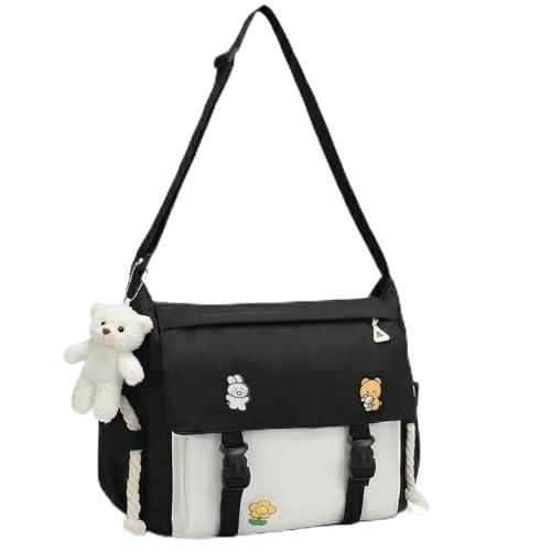 PRLINJSK Cute Messenger Bag for Teen Girls Women, Kawaii Crossbody Shoulder Purse with Pins and Stuffed Pendant Gift