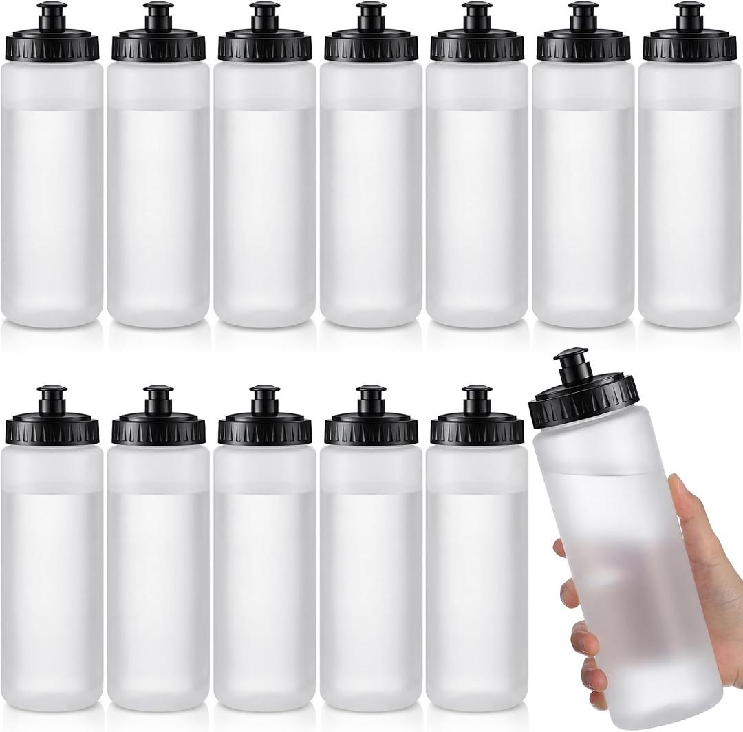 LemonRoad 12 Pack Squeeze Water Bottles Reusable 20 oz Plastic Sports Water Bottle with Pull Top Lid, Bike Cycling Gym Sport, Dishwasher Safe (Clear, Black)