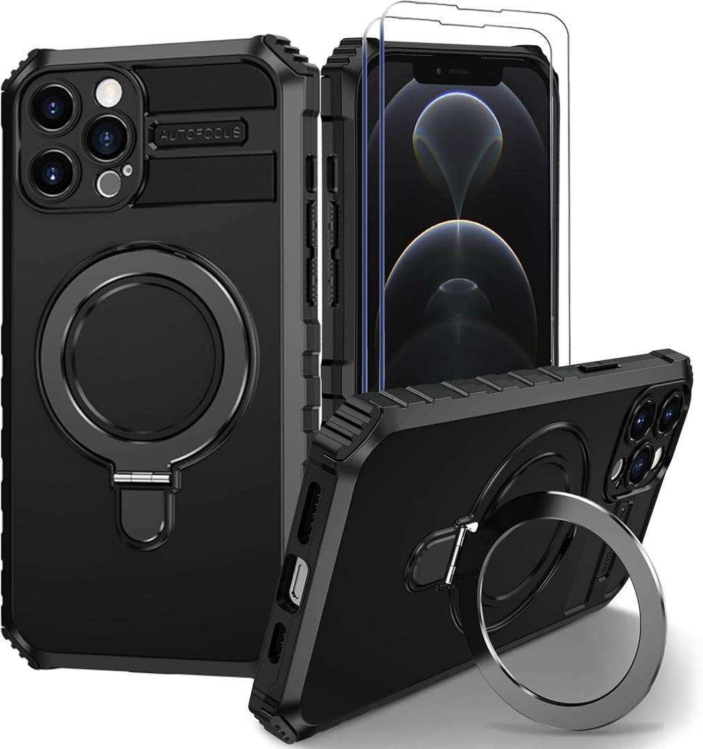for iPhone 12 Pro Max Magnetic Case [Compatible with MagSafe] with 2 Tempered Glass Screen Protectors with Ring Kickstand,Military Grade Heavy Duty for iPhone 12 Pro Max Case 6.7'' Black
