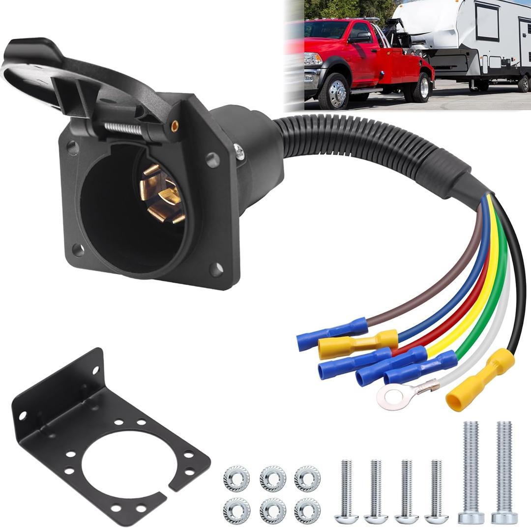 7 Pin Trailer Plug,7 Way RV Trailer Light Connector Socket, 7 Prong Trailer Plug Wiring Harness Adapter Quick Converter with Mounting Bracket,for RV,Camper,Truck,Trailer, 7 Blade Trailer Plug