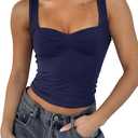 Women's Sleeveless Backless Crop Tank Top Sexy Pleated Bustier Sweetheart Neck Strappy Y2K Cami Cropped Tops (Medium, Navy Blue)