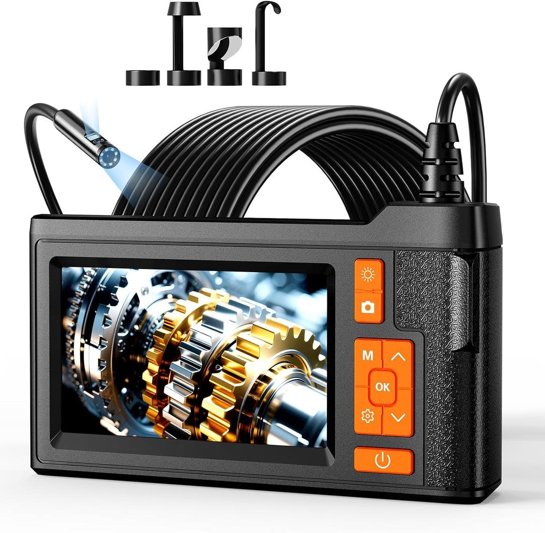Dual Lens Borescope with 32GB Card, 4.3" Endoscope Camera with Light 16.4FT Semi-Rigid Inspection Cable, Free Photo/Video Snake Camera with IP67 Waterproof for Automotive, Engine & HVAC