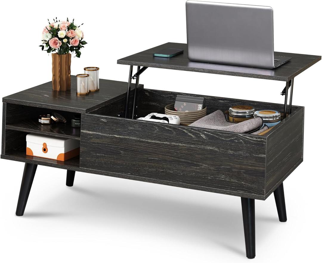 WLIVE Wood Lift Top Coffee Table with Hidden Compartment and Adjustable Storage Shelf, Lift Tabletop Dining Table for Home Living Room, Office, Charcoal Black (39.37"D x 19.69"W x 16.93"H)