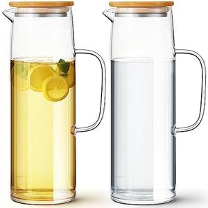 Hsei 2 Sets Glass Pitcher with Lid, 50 oz / 1500 ml Water Carafe with Handles Hot Cold Beverage Water Jar Glass Jug for Tea Juice Milk Coffee Iced Beverage