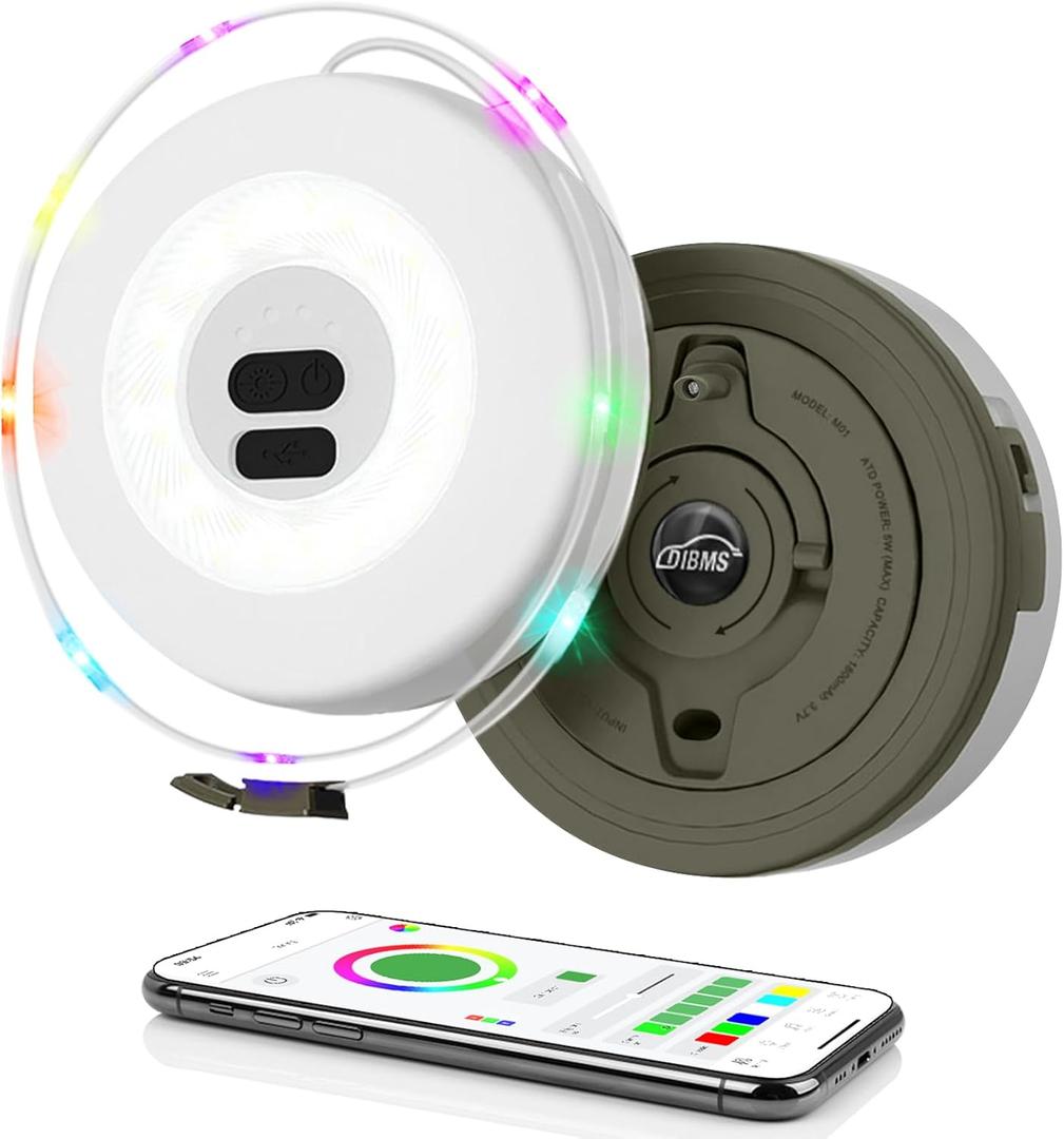 DIBMS 1-Pack LED Camping String Light w/App Control, 19FT Rechargeable Multi-Color Waterproof Hanging Light for Outdoor Camping Awning Tent Garden Party Festival Decor