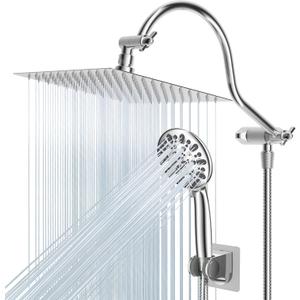 Hibbent All Metal Shower Head, 10'' High Pressure Rainfall Shower Head/Handheld Showerhead Combo with 12'' Adjustable Curved Shower Extension Arm, 7 Sprays, 71'' Shower Hose, Showerhead Holder, Chrome