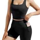 SUUKSESS Women 2 Piece Workout Sets Hidden Scrunch Butt Lifting Biker Shorts Square Neck Tank Tops (Large, Black)
