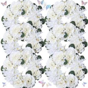 Artificial Flower Candle Rings - 6 Inch Inner Rose Floral Wreaths with Butterflies for Wedding Bridal Event Table Centerpieces Backdrop Decorations (Ivory, 6 X Candle Rings)