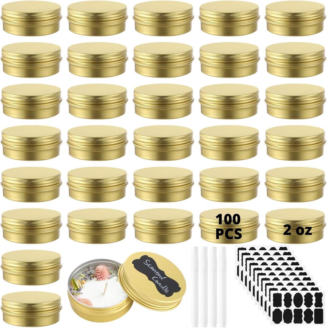 96PCS Metal Round Tins, 2 oz Gold Aluminum Metal Tin Cans Containers with Screw Lid for Lotion Bars, Balms, Salve, Spices or Beard Balm, DIY Candle Making Jar