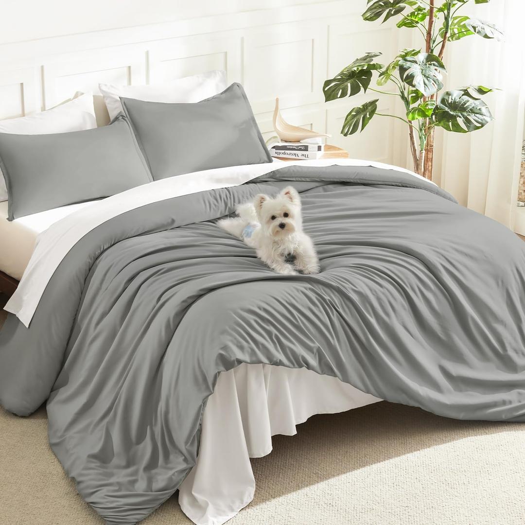 Litanika Comforters Medium Gray Queen Size, 3 Pieces Lightweight Solid Bedding Set & Collections, All Season Fluffy Bed Set (90x90In Comforter & 2 Pillowcases) (Medium Grey)