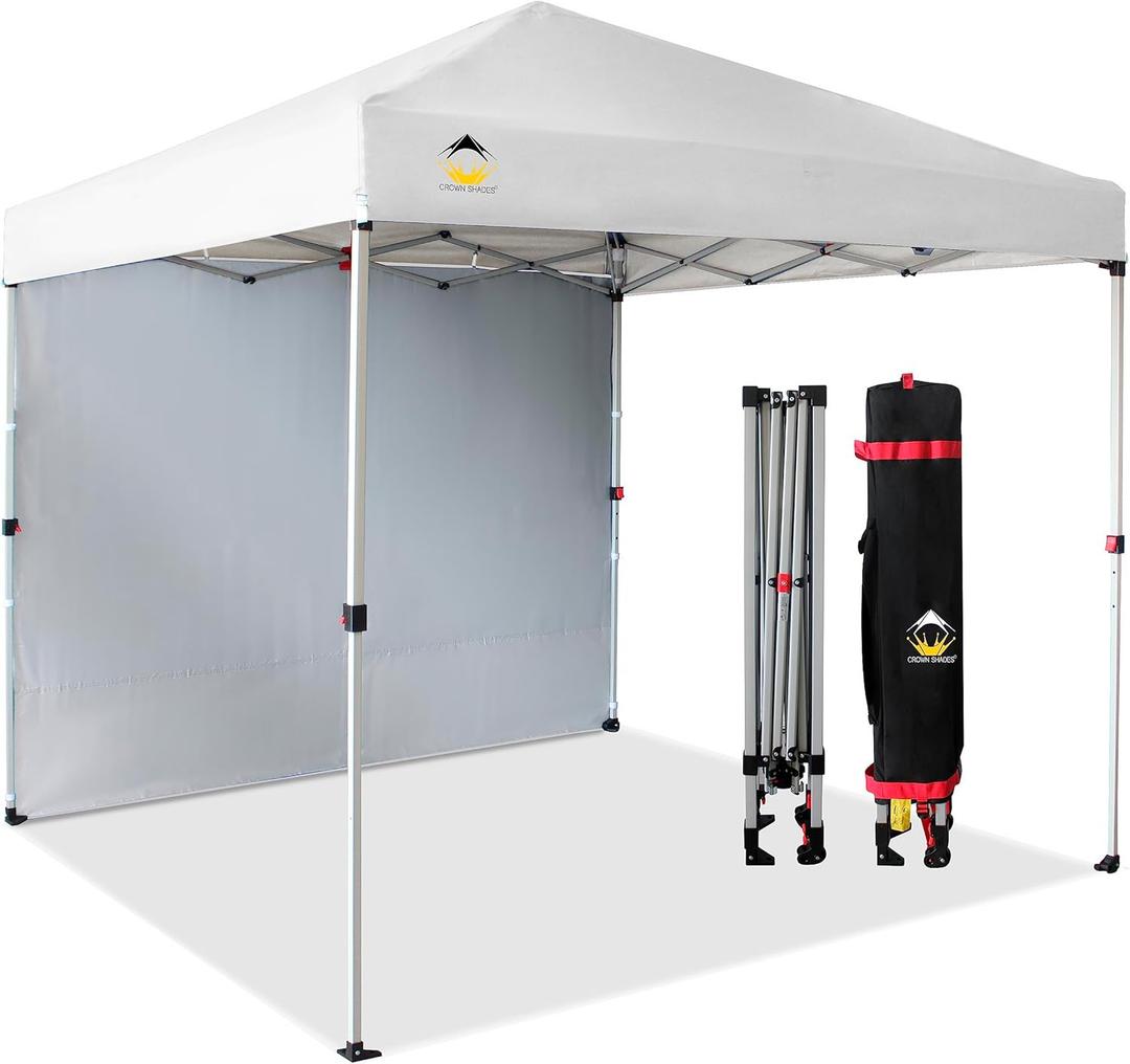 CROWN SHADES 8x8 Pop Up Canopy with 1 Side Wall - Beach Tent with One Push Setup - Outdoor Sun Shade for Events, Parties, Camping - Gazebo with STO-N-Go Cover Bag (White) (Silver-coated White)