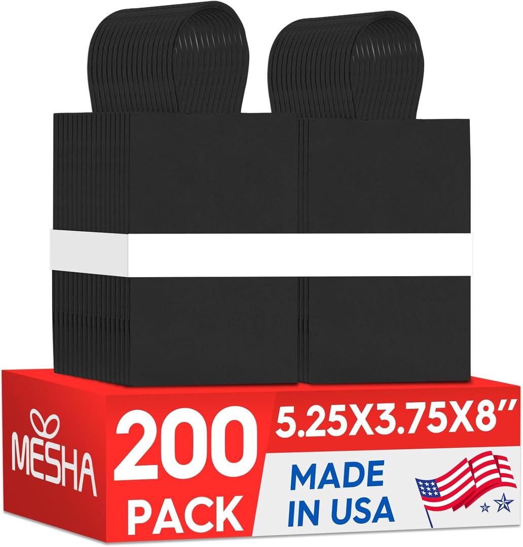 MESHA Kraft Gift Bags 200 Pack 5.25x3.75x8 Inch Small Black Paper Bags with Handles Bulk for Small Business,Birthday,Party,Wedding,Retail,Shopping Bag