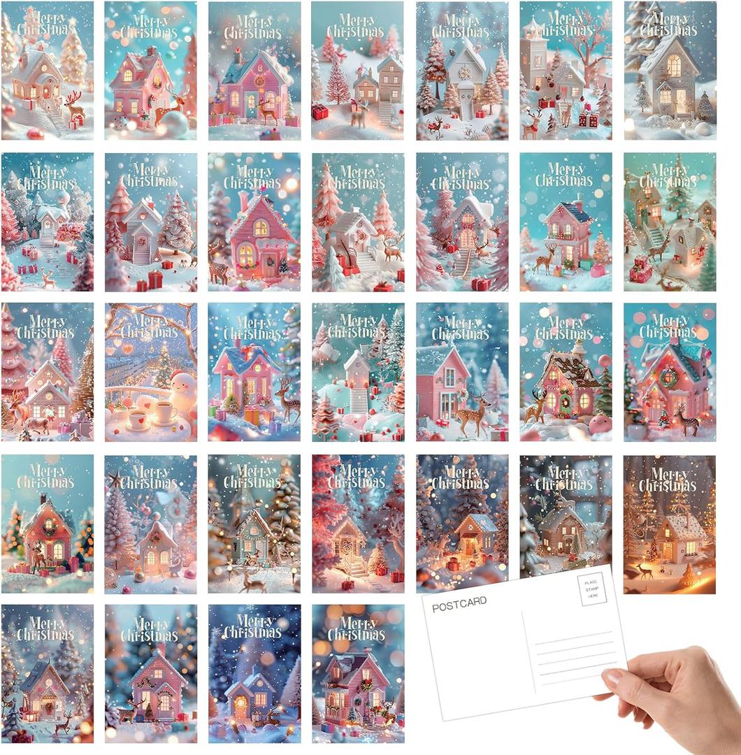 2 x 32 Christmas Postcards, Dreamy Snow Cottage Pattern, Winter Postcards Miniature Scenes Style Set, Xmas Cards for Holiday Wishes Party Favors, 4 x 6 Inch