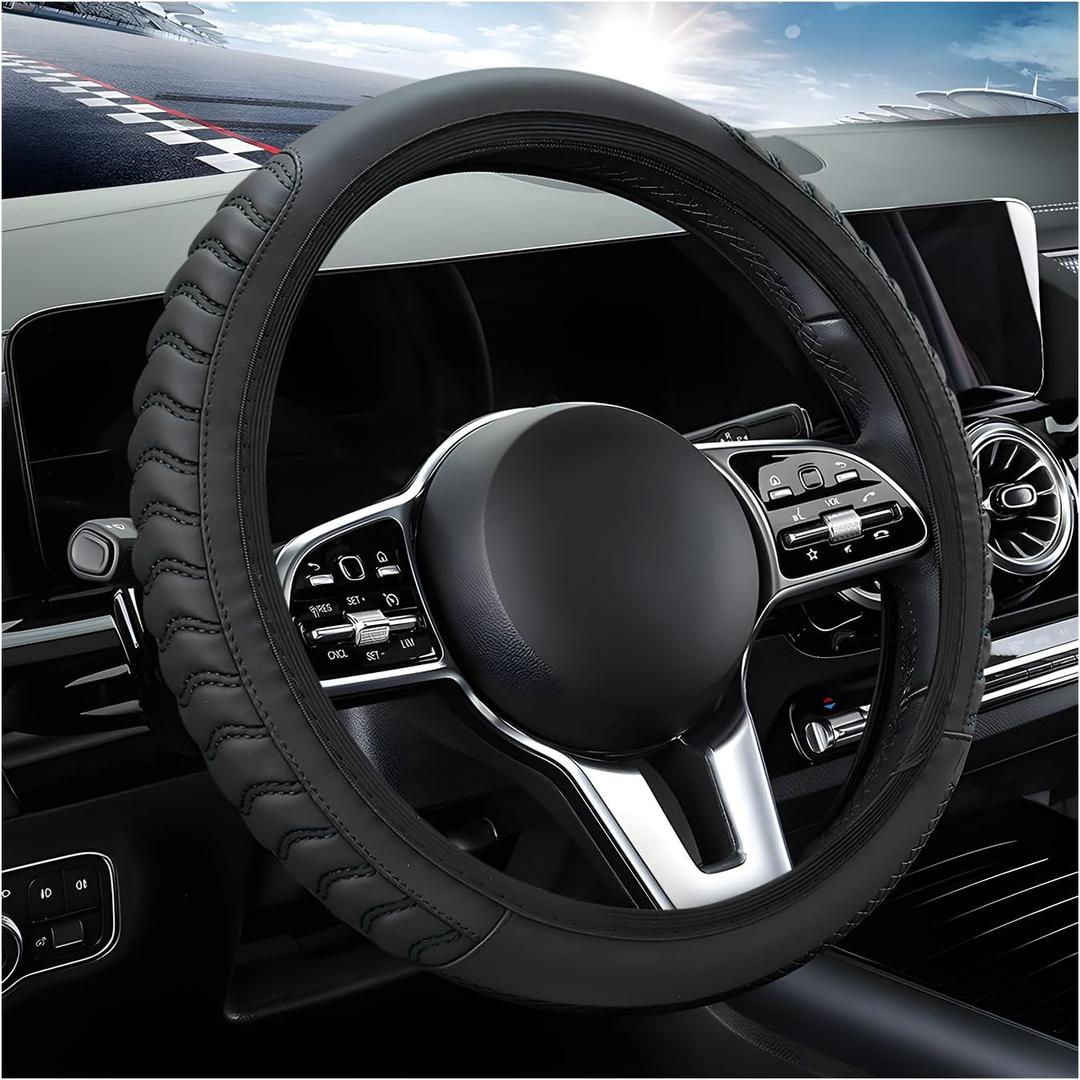 Car Steering Wheel Cover, Elastic Stretch Leather Wheel Protector with Anti-Slip Grip, Breathable Protective Cover for 14 1/2 to 15 Inch Steering Wheels, Car Accessories (Black)
