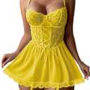 Lilosy Sexy Garter Belt Mesh Lace Babydoll Lingerie Dress Set with Thong (Large, Yellow)