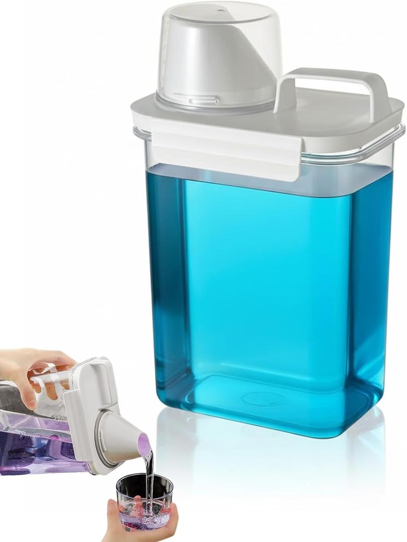 60.8OZ Clear Laundry Detergent Dispenser, Double Sealed Storage Container with Wide Mouth & Funnel Design, Transparent Leak-proof Organizer for Laundry Room, Fabric Softener, Bleach