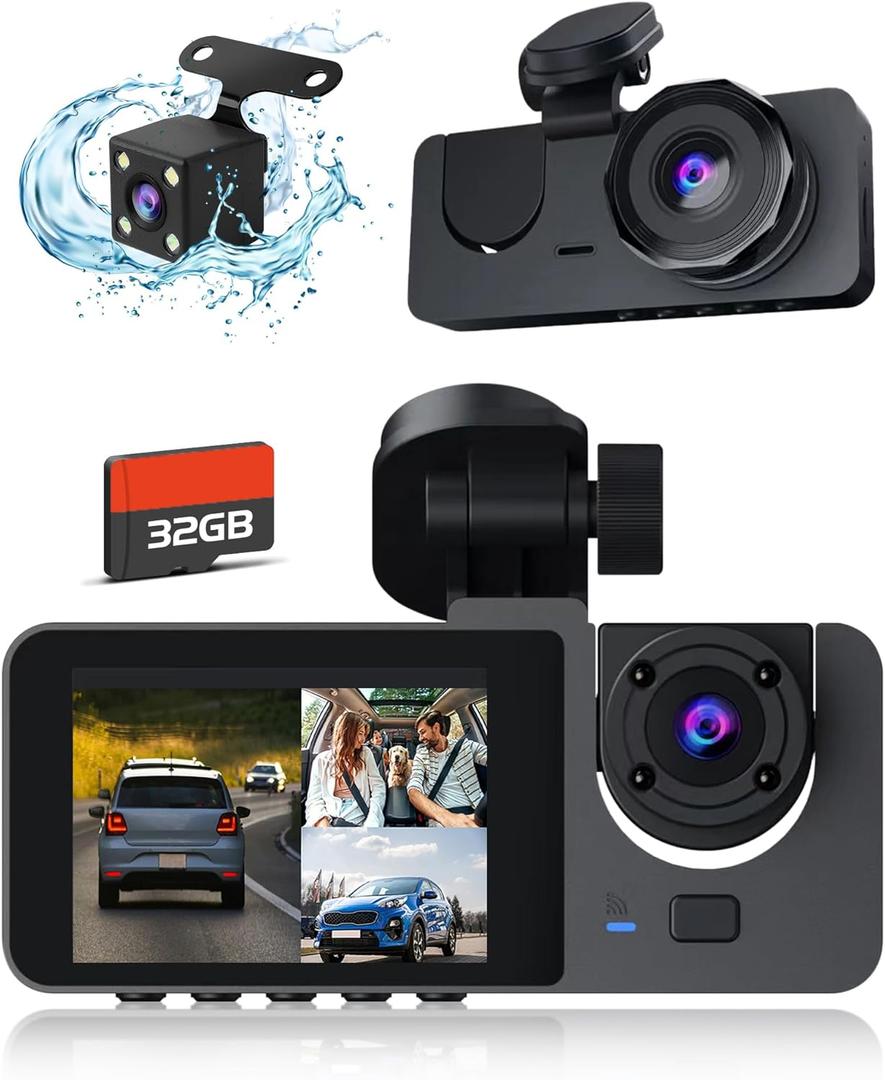 Dash Cam,4K Dash Cam Front and Rear Inside, Dash Camera for Cars, Triple Car Camera with 32GB Card,Built-in G-Sensor,Loop Recording
