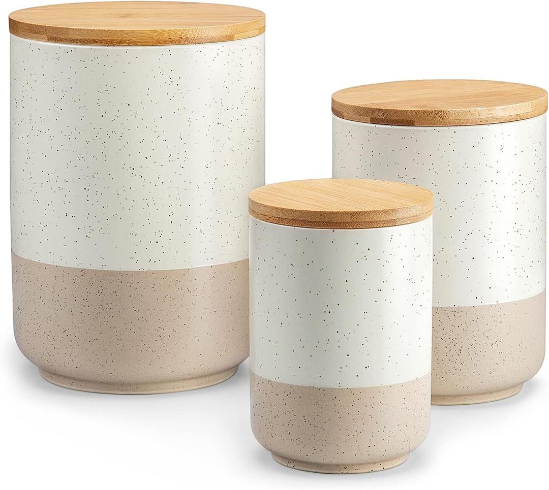 vancasso Sabine Ceramic Canister Set with Airtight Wood Lids - 3-Piece Kitchen Storage for Flour, Sugar, Coffee, Tea & Spices - Modern Countertop Decor, 18/36/74 OZ
