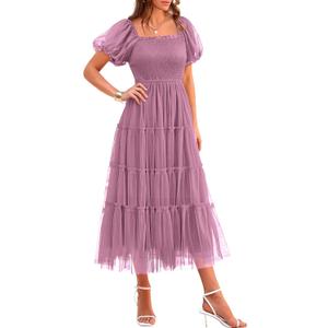 PRETTYGARDEN Women's Smocked Midi Tulle Dress 2026 Summer Puffy Short Sleeve Square Neck Ruffle Wedding Guest Party Dresses (Grey Purple, Small)