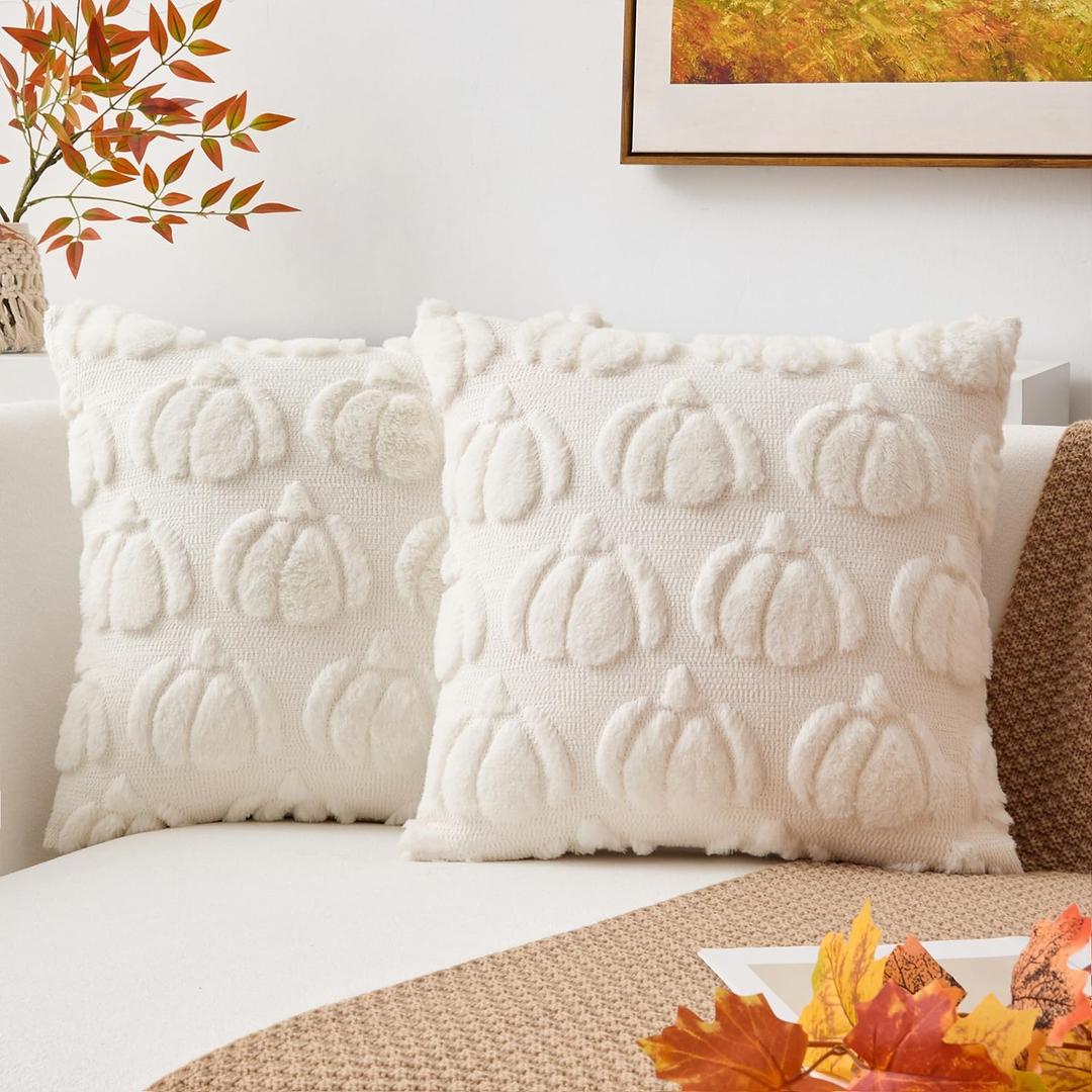 Kevin Textile Fall Pillow Covers 20x20 Inch Set of 2 Soft Pumpkins Decorative Square Pillowcases Plush Autumn Faux Fur Cushions Harvest Gift for Couch Sofa Chair Bedroom Home Decor, Cream White
