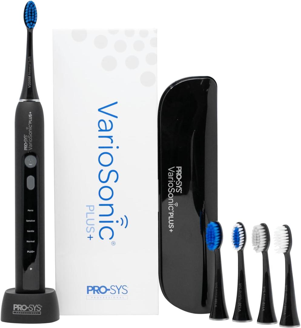 PRO-SYS VarioSonic Plus+ Full Kit Professional Electric Toothbrush, Rechargeable with Pressure Sensor and Timer, Customizable Intensity Powered Toothbrush with Travel Case (Black) (1 Count (Pack of 1))