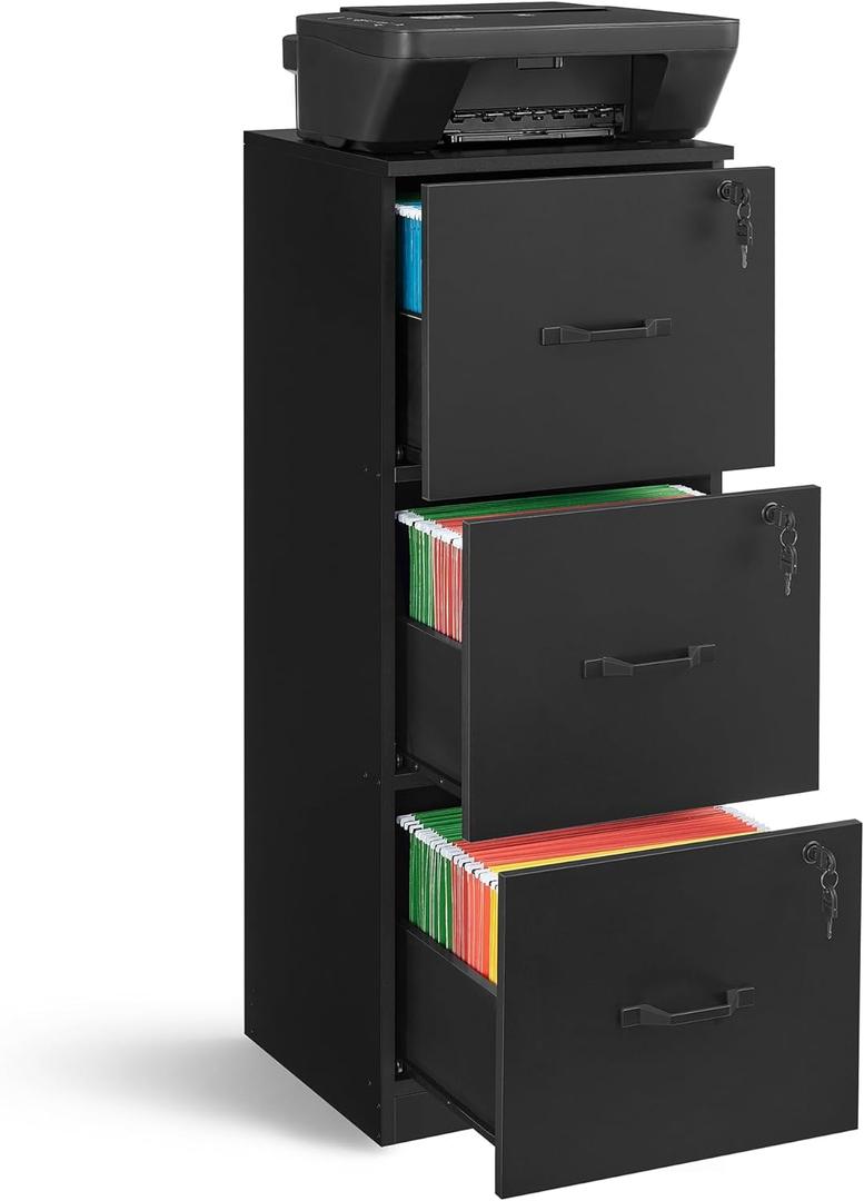 VASAGLE 3-Drawer Vertical File Cabinet, Filing Cabinet for Home Office, Printer Stand, with 3 Lockable Drawers, Adjustable Hanging Rail, for A4 and Letter-Size Files, Ink Black UOFC055B16, 3 Cajones