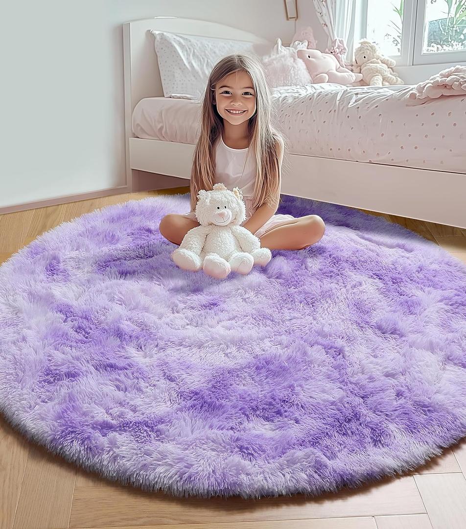 ONASAR Tie-Dyed Purple Round Area Rug 4ft, Soft Bedroom Circle Rugs Floor Mats for Kids Girls Teen Room, Kawaii Fluffy Plush Shaggy Carpet for Baby Nursery Living Room Playroom Home Decor