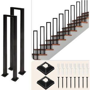 4Pcs U-Shaped Stair Handrail, Matte Black Hand Rail for Indoor Steps, Wrought Iron Outdoor Stair Railing for Porches, Decks, Lofts, 35.4in (4Pcs, Black)