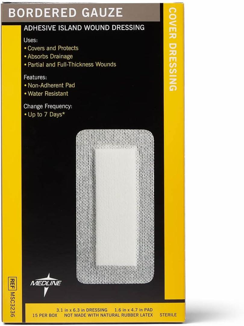 Medline Sterile Bordered Gauze, 3" x 6" with 1.5" x 4" Pad (Pack of 15)