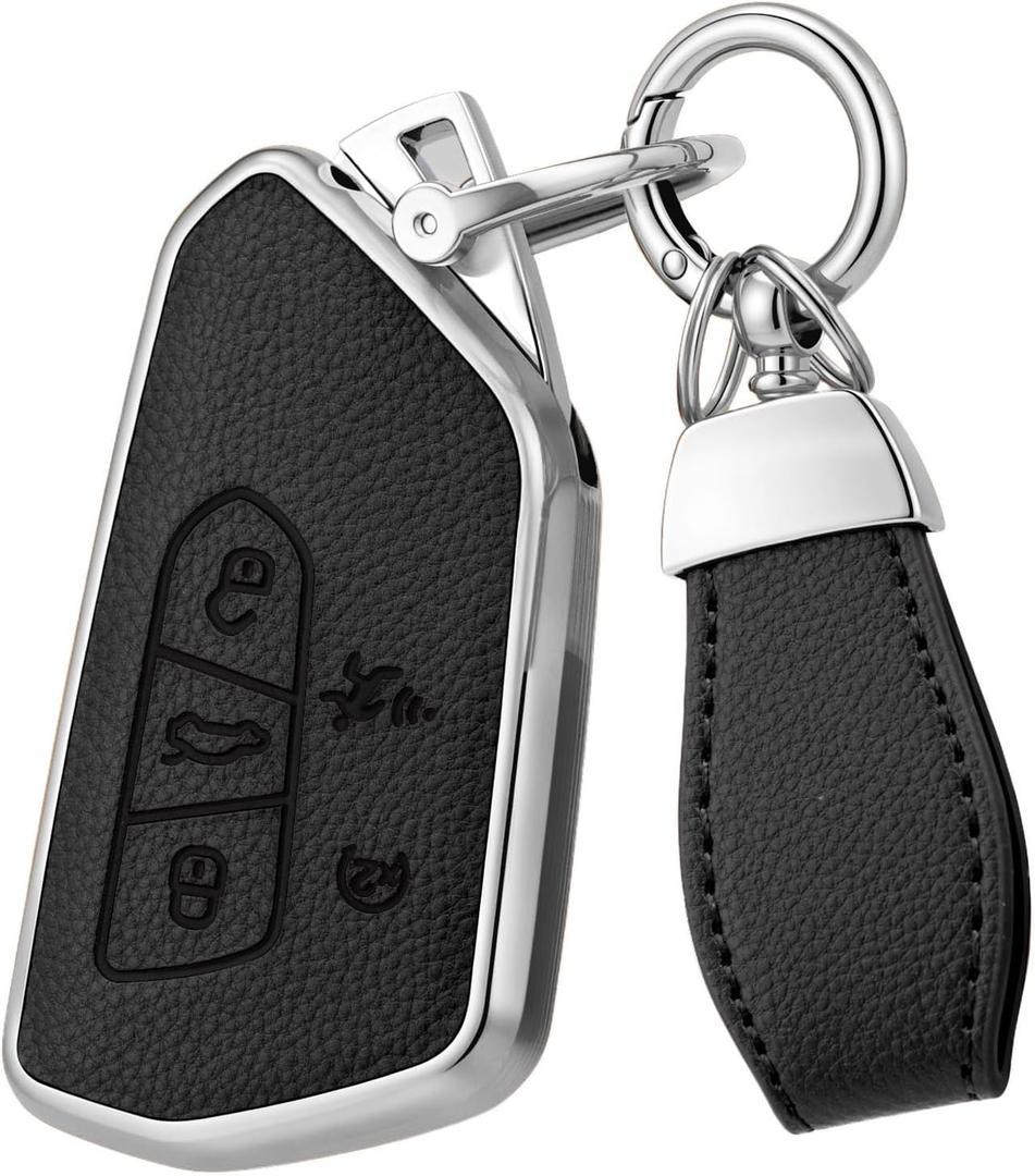 Soft Upper Leather TPU Key Fob Cover Case for Volkswagen VW ID4 ID3 MK8 Golf GTI Skoda Octavia tiguan Atlas 2024 2025 2026 (Silver-edged black, 5 Buttons)