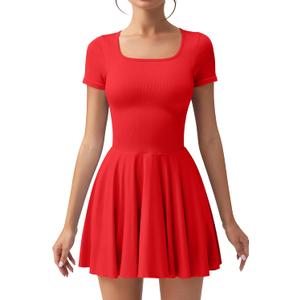 OQQ Women's Square Neck Ruffle Hem Mini Dress Summer Short Sleeve with Shorts Party Dresses (Large, Red)