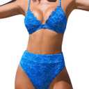 CUPSHE Bikini Set for Women Bathing Suit High Waisted Scalloped V Neck Two Pieces Swimsuit (Blue, L)