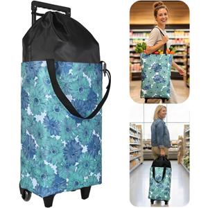 Rolling Shopping Bag, Small Shopping Cart with Wheels,Collapsible Portable Waterproof Tote for Market & Grocery RunsGift for Women & Seniors(Flower&Expandable Bag)