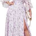 EYWOL Wedding Guest Dress Plus Size Ruffle Bell Sleeve V Neck A Line Flowy Empire Waist Maxi Dresses with Slit (Purple, L)