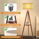 LEPOWER Tripod Floor Lamp, Mid Century Wood Standing Lamp, Modern Design Shelf Floor Lamp for Living Room, Bedroom, Office, Flaxen Linen Shade with E26 Base Brown