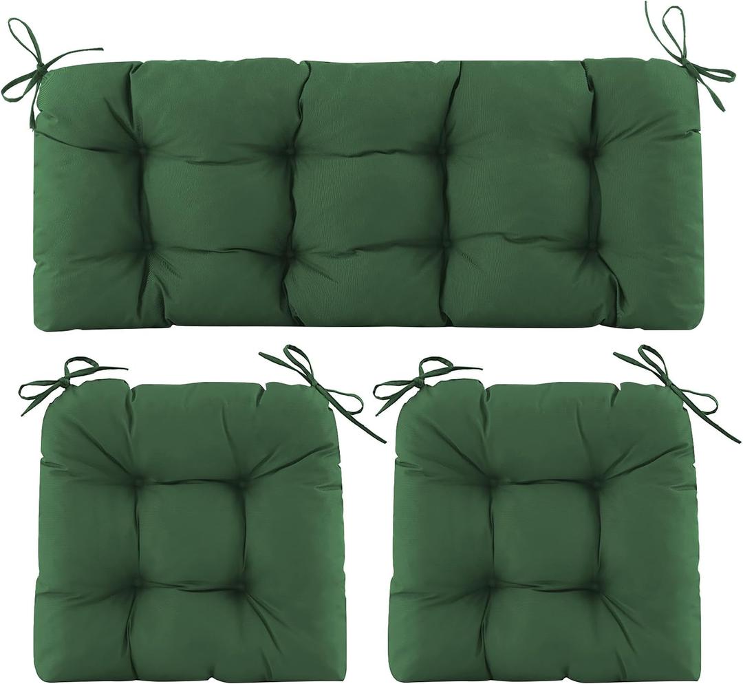 Wicker Chair Cushions of 3 Pieces, Waterproof Cushions for Patio Furniture, Tufted Wicker Outdoor Furniture Cushions, 1 Patio Loveseat Cushion and 2 U-Shaped Cushions, 44"x19"x5", Dark Green