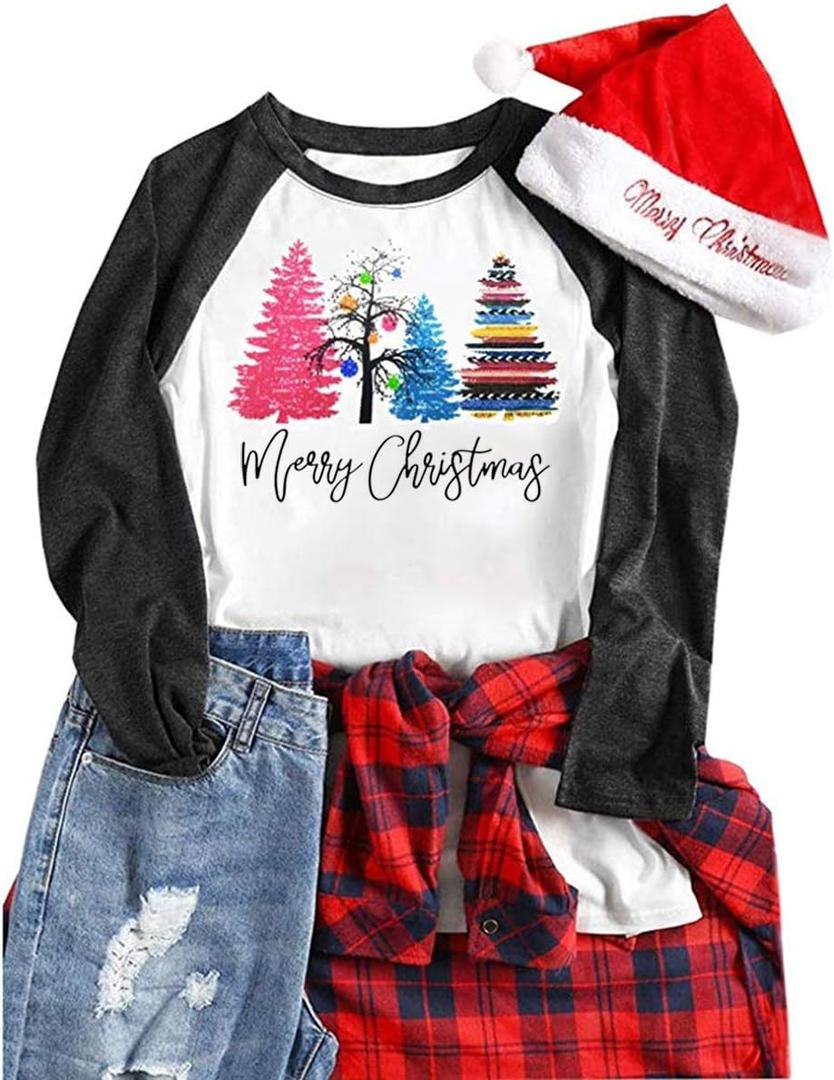 Merry Christmas Tree Shirts for Women 3/4 Sleeve Raglan Baseball Tee Funny Festival Tops (Large, Deep Grey)