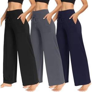 TNNZEET 3 Pack Women's Wide Leg Pants with Pockets - Casual Loose Yoga Trouser Pants Sweatpants Palazzo Lounge Pajama Pants, M