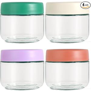 Hoa Kinh Glass Food Storage Jars with Lids, 10oz 4Pack Leak Proof Small Glass Jars for Overnight Oats, Cereal, Clear Empty Glass Jars with Lids for Kitchen(Red, Green, Purple and White)