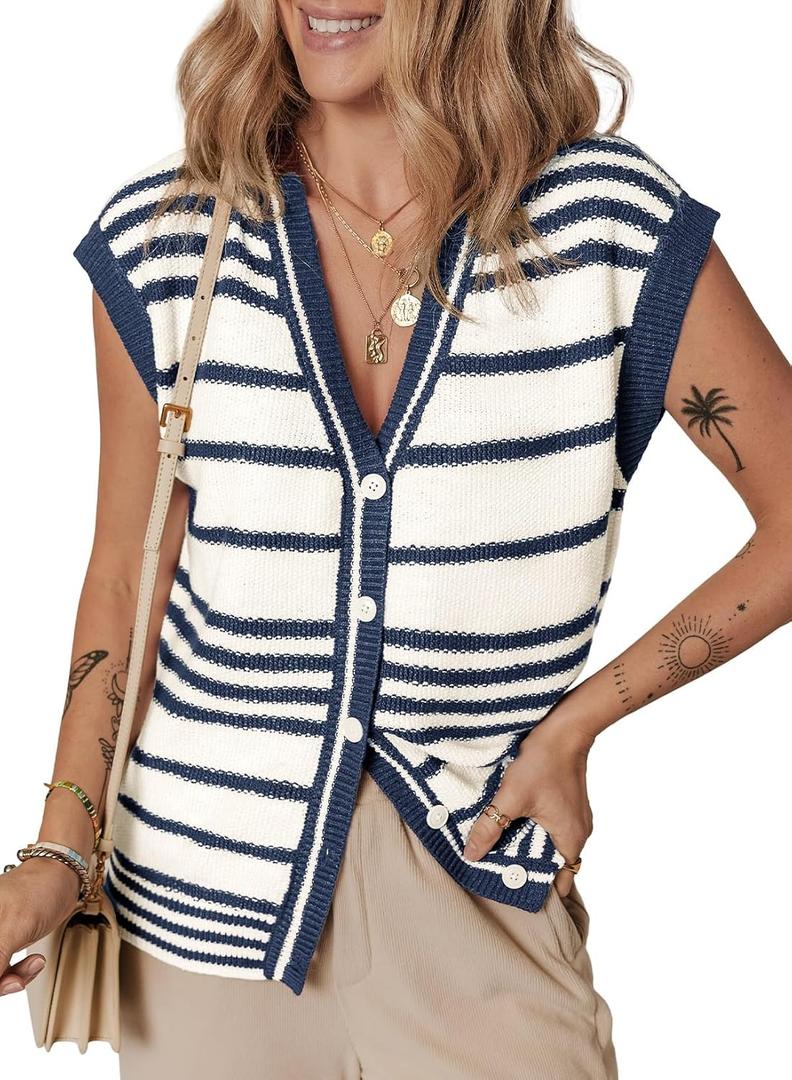 Dokotoo Sweater Vest Women Striped V Neck Button Vest for Women Vest Top Spring Cardigan Sweaters for Women 2026 (L)