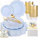 WDF 175Pcs Blue Plastic Plates - Heavy Duty Baby Blue Plates Disposable - 25Guests Plastic Dinnerware Ideal for Parties/Wedding/Baby Shower/Easter (Bule and Gold)