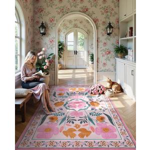 Pink Rug Washable Area Rugs 8x10, Floral Boho Soft Bedroom Rug Non-Slip Ultra-Thin 8x10 Living Room Carpet, Vintage Farmhouse Carpet for Nursery Dorm Room Decor for Teen Girls (8x10ft, Pink)