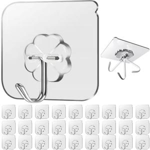 28 Pack Sticky Hooks for Hanging Heavy Duty, Wall Hooks Adhesive, clear self Adhesive Hooks for Wall, Kitchen, Bathroom, Shower & Ceiling