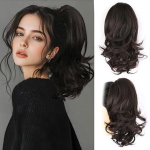 ZQIAN BEAUTY Clip in Ponytail for Women - 14 Inch Curly Ponytail Extension, Wavy Pony Tails Hair Extensions, Synthetic Hair Extensions Ponytail, Natural Hair Pieces for Women (Color: Black Brown)