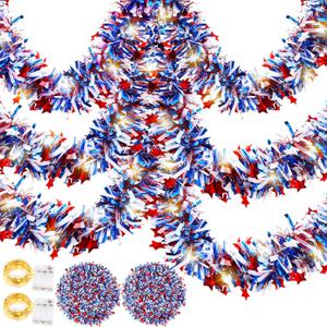 2 Set 66 ft 4th of July Tinsel Garland Decorations with LED String Light Patriotic Red White and Blue Metallic Hanging Garland for Memorial Day Independence Day Party Decor(Star)