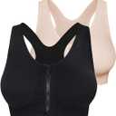 Fapreit Women's Zip Front Closure Sports Bra - Seamless Wirefree Post Surgery Zipper Padded Racerback Workout Gym Yoga Bras (X-Large, 2 Pack (Black+beige))