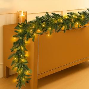 6.56 ft Christmas Artificial Olive Vine with Pine Garland with 9.84 ft LED Fairy Lights Battery Operated Green Dense Artificial Vines for Table Runner Center of Holiday Wedding Arch Party Mantle